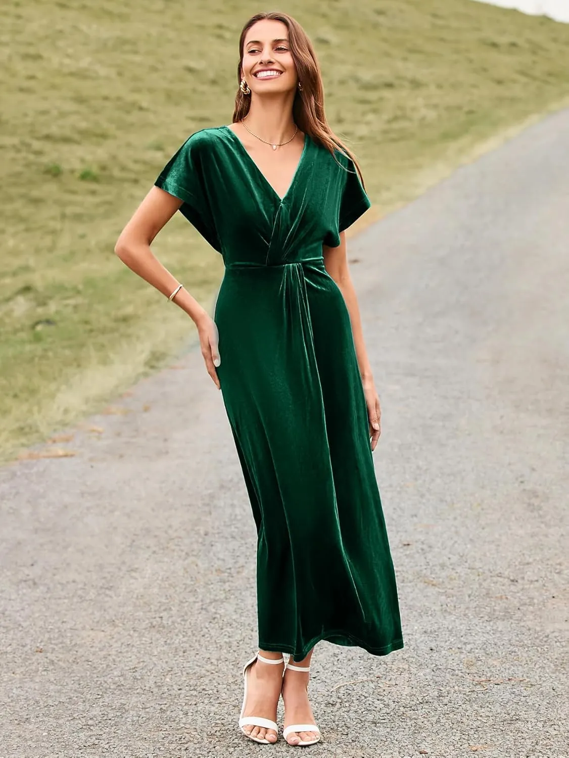 Simplee Women's Velvet Maxi Dress Short Sleeve V Neck Fall Wedding Guest Dress Twiss Front Long Formal Bodycon Prom Dress