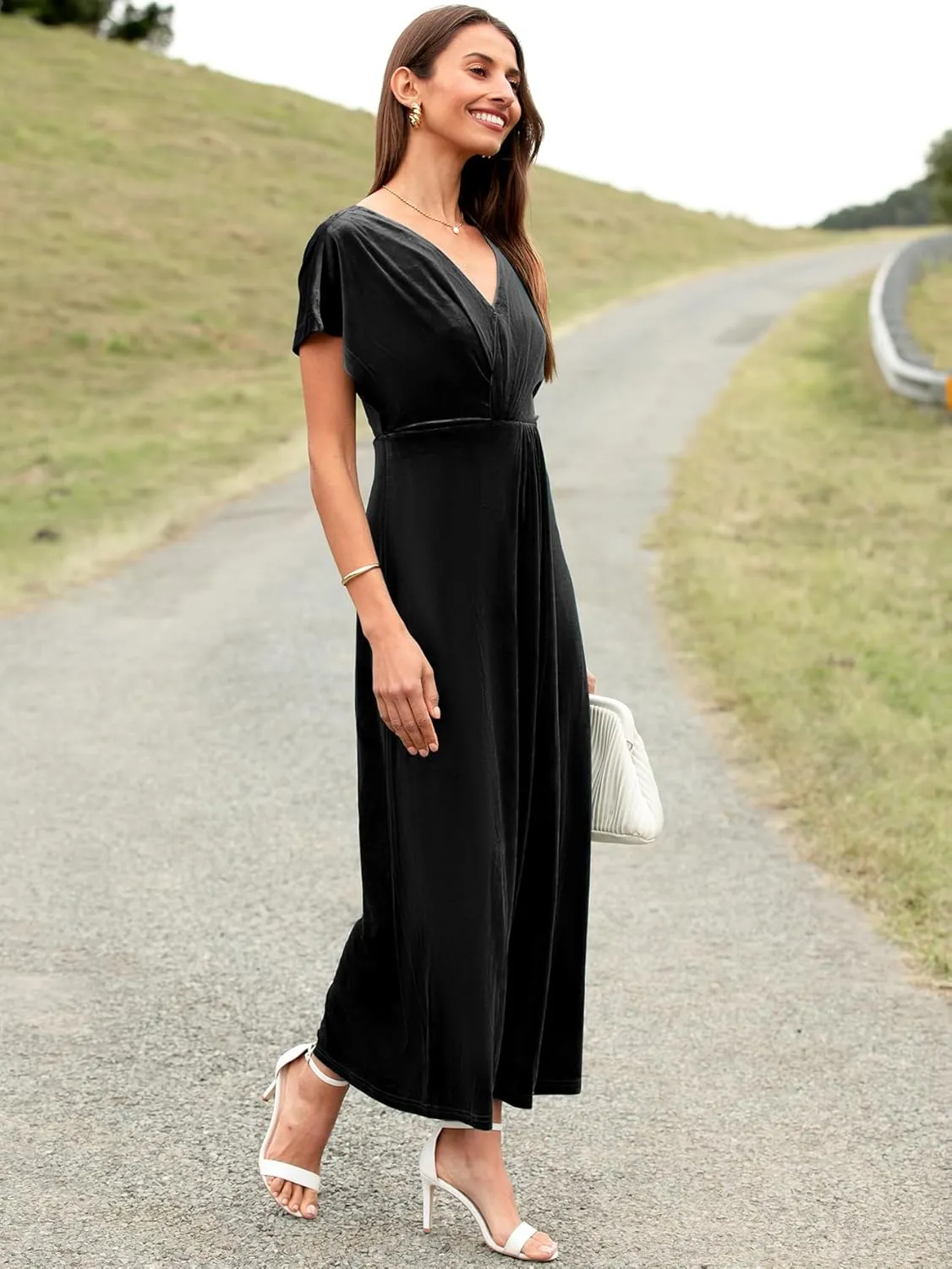 Simplee Women's Velvet Maxi Dress Short Sleeve V Neck Fall Wedding Guest Dress Twiss Front Long Formal Bodycon Prom Dress