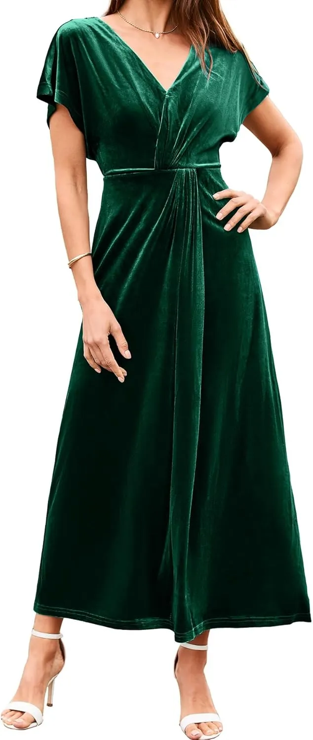 Simplee Women's Velvet Maxi Dress Short Sleeve V Neck Fall Wedding Guest Dress Twiss Front Long Formal Bodycon Prom Dress