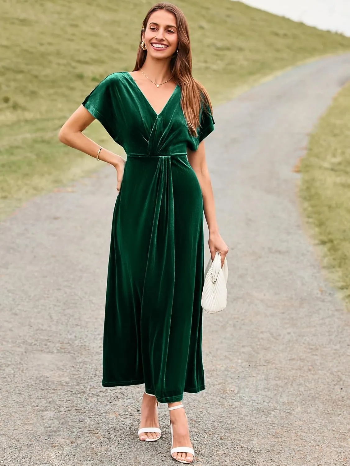 Simplee Women's Velvet Maxi Dress Short Sleeve V Neck Fall Wedding Guest Dress Twiss Front Long Formal Bodycon Prom Dress