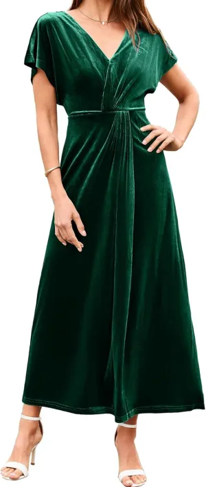 Simplee Women's Velvet Maxi Dress Short Sleeve V Neck Fall Wedding Guest Dress Twiss Front Long Formal Bodycon Prom Dress