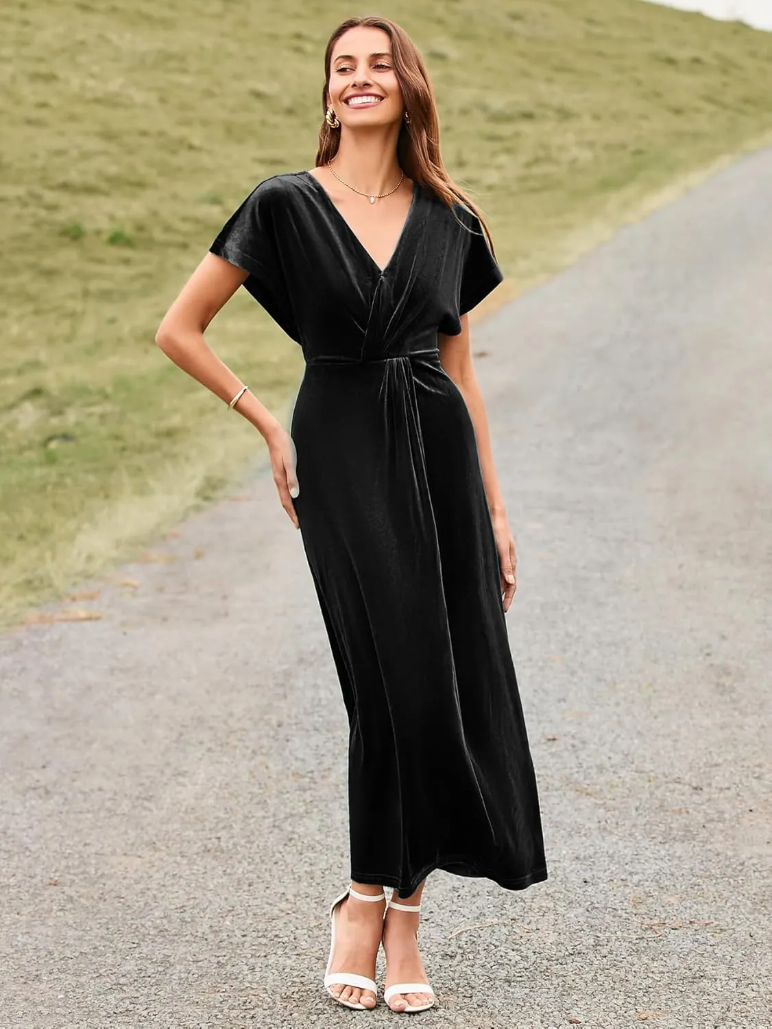 Simplee Women's Velvet Maxi Dress Short Sleeve V Neck Fall Wedding Guest Dress Twiss Front Long Formal Bodycon Prom Dress