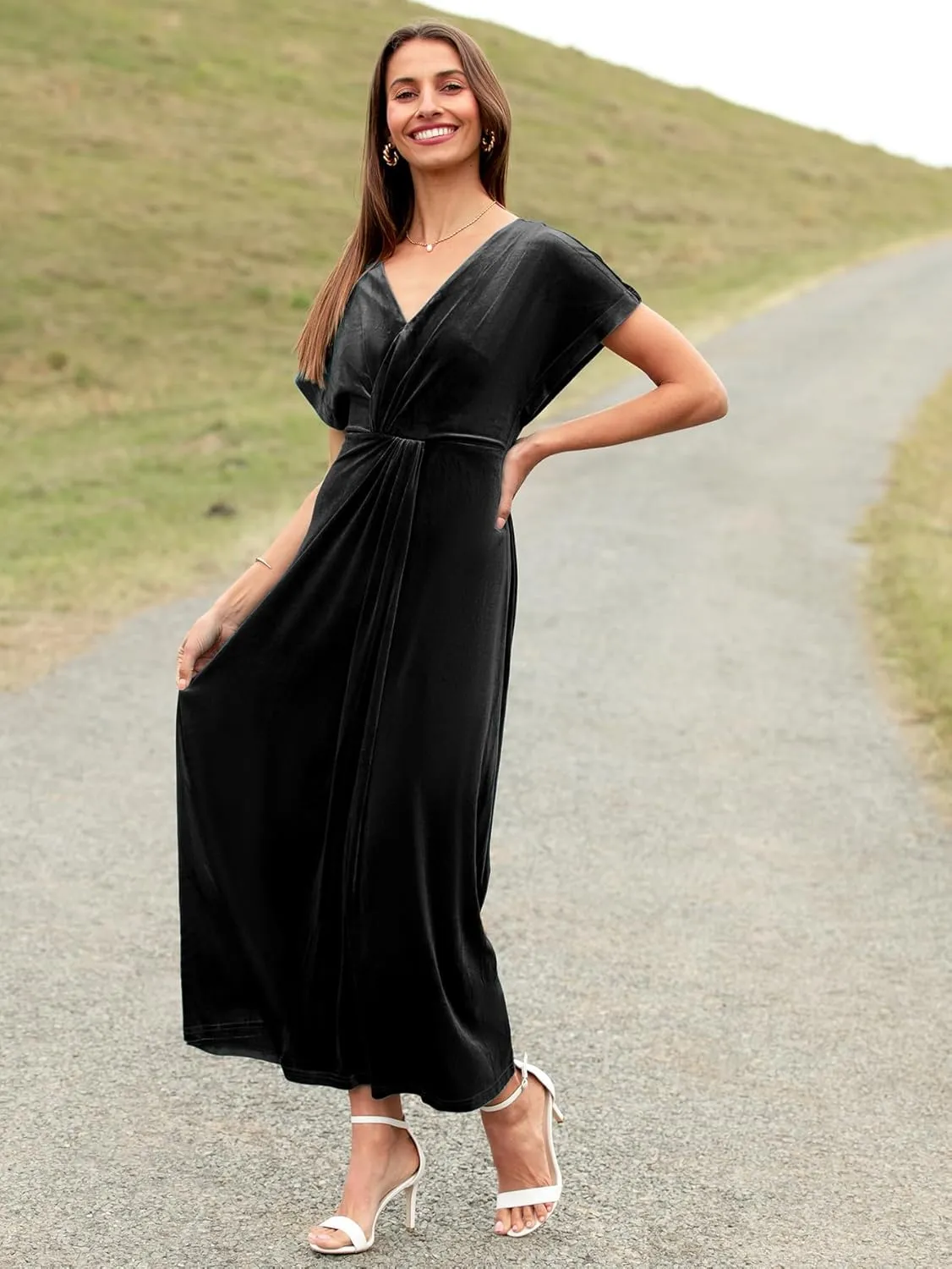 Simplee Women's Velvet Maxi Dress Short Sleeve V Neck Fall Wedding Guest Dress Twiss Front Long Formal Bodycon Prom Dress