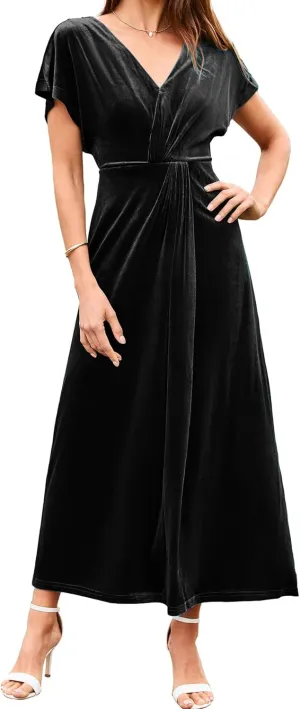 Simplee Women's Velvet Maxi Dress Short Sleeve V Neck Fall Wedding Guest Dress Twiss Front Long Formal Bodycon Prom Dress