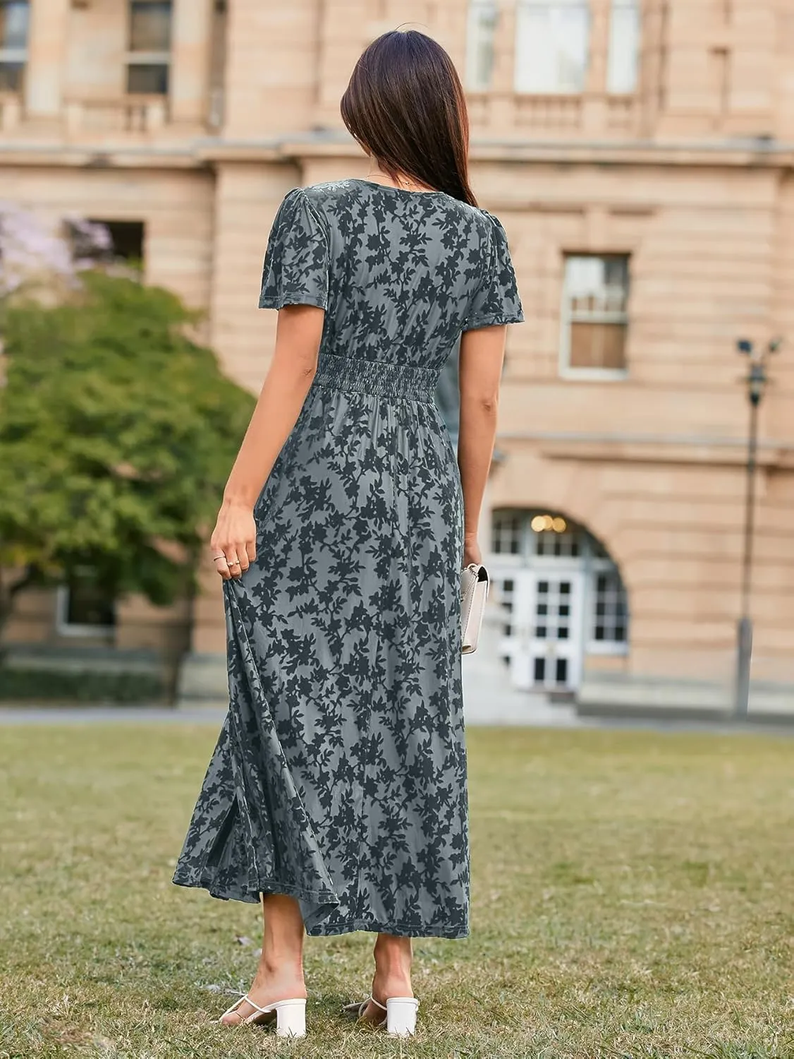 Simplee Women's Velvet Maxi Dress V Neck Short Sleeve Empire Waist Semi Formal Long Cocktail Dresses