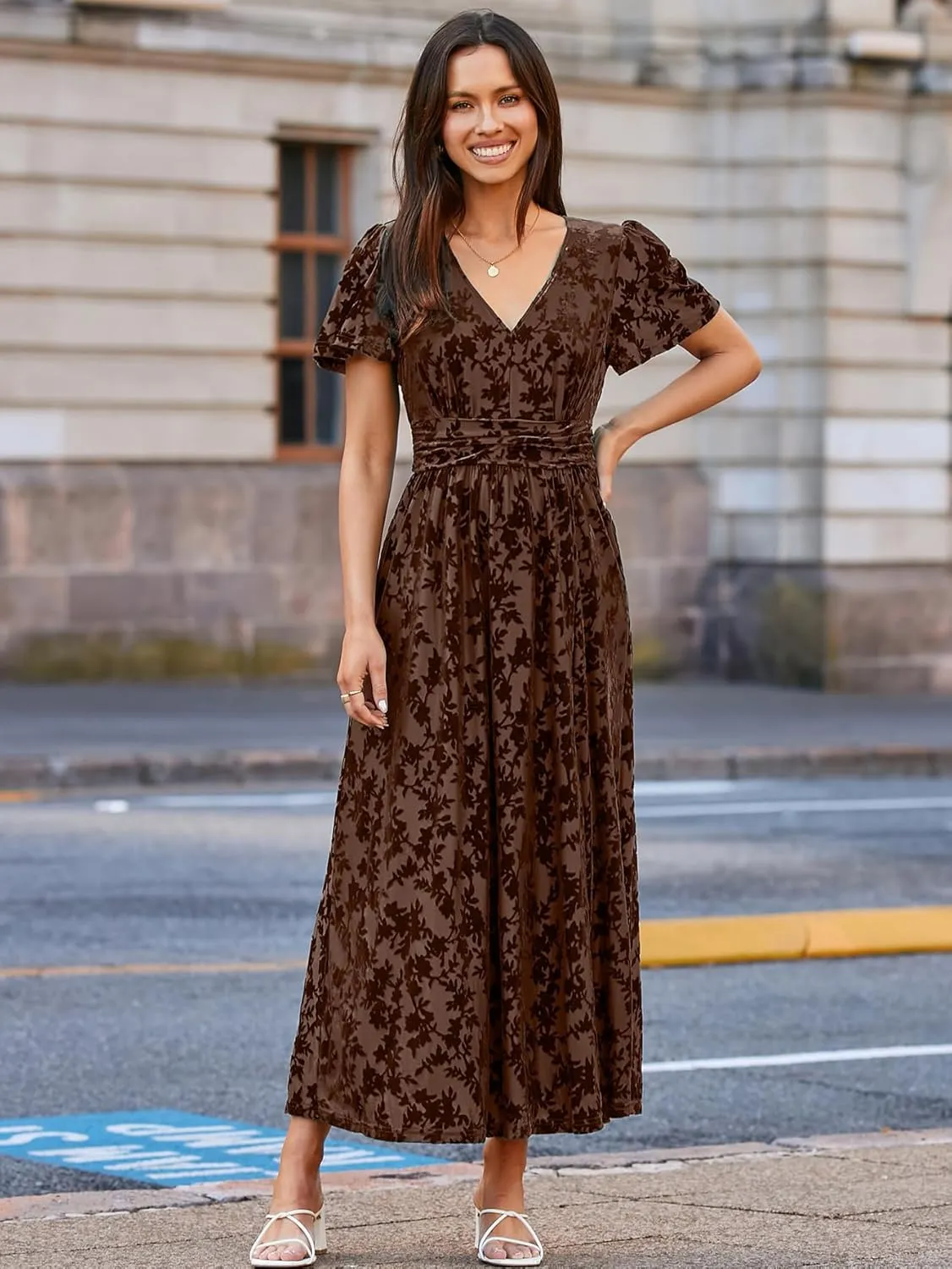 Simplee Women's Velvet Maxi Dress V Neck Short Sleeve Empire Waist Semi Formal Long Cocktail Dresses
