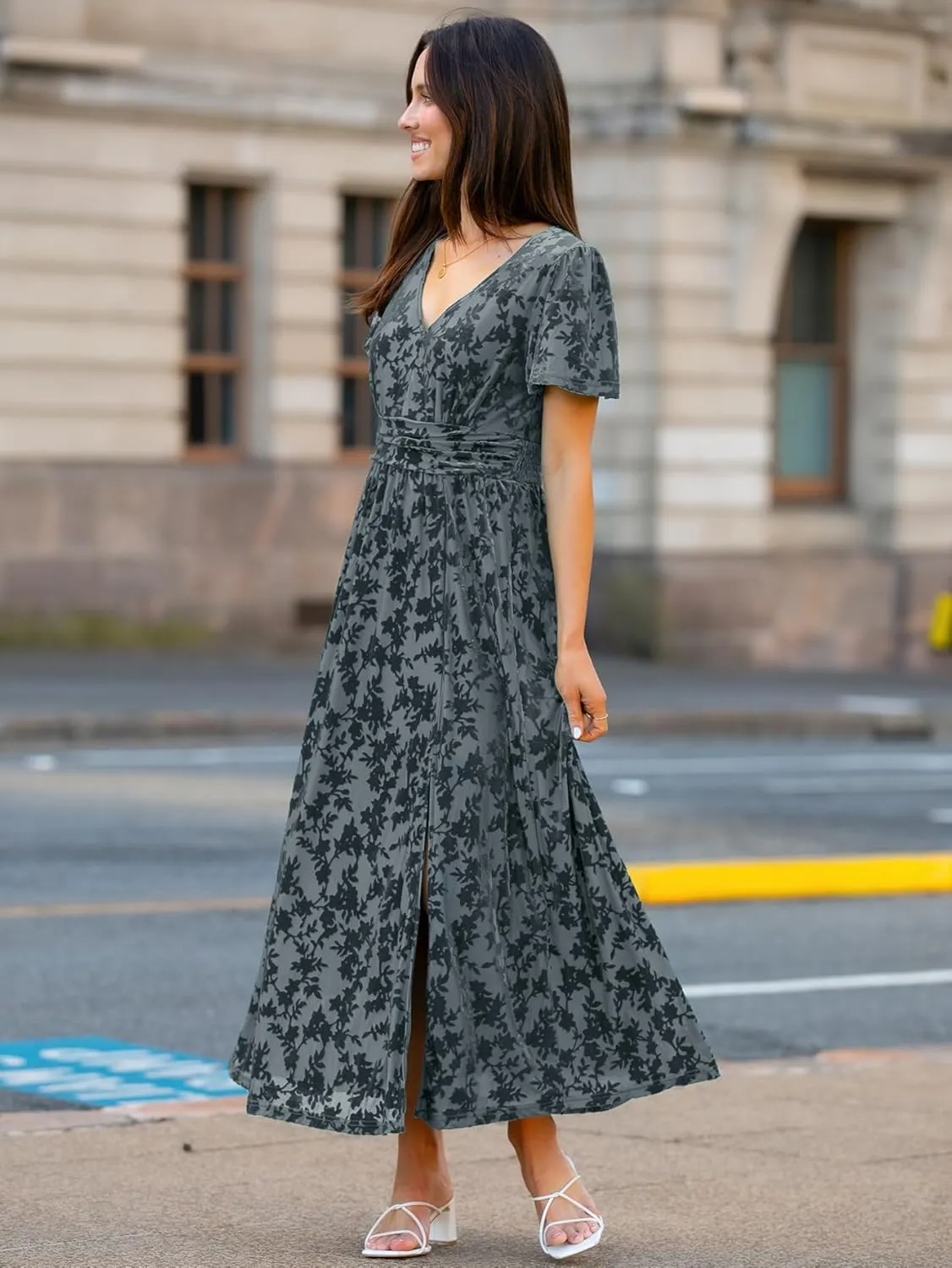 Simplee Women's Velvet Maxi Dress V Neck Short Sleeve Empire Waist Semi Formal Long Cocktail Dresses