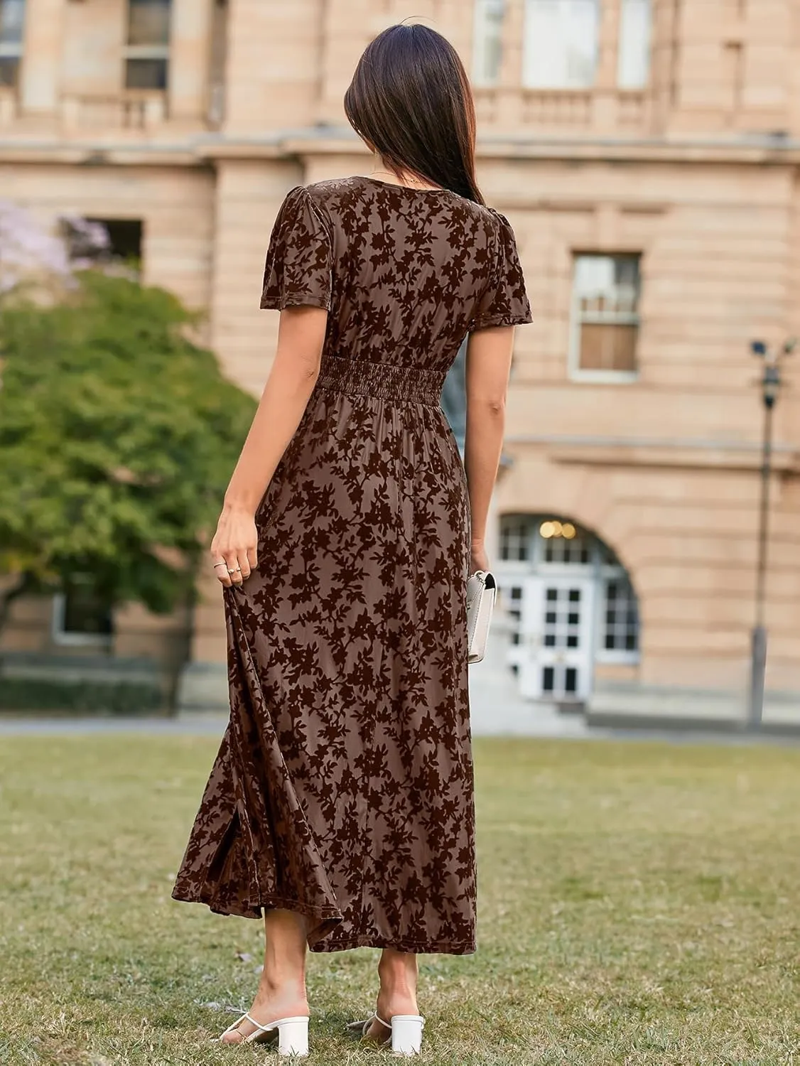 Simplee Women's Velvet Maxi Dress V Neck Short Sleeve Empire Waist Semi Formal Long Cocktail Dresses