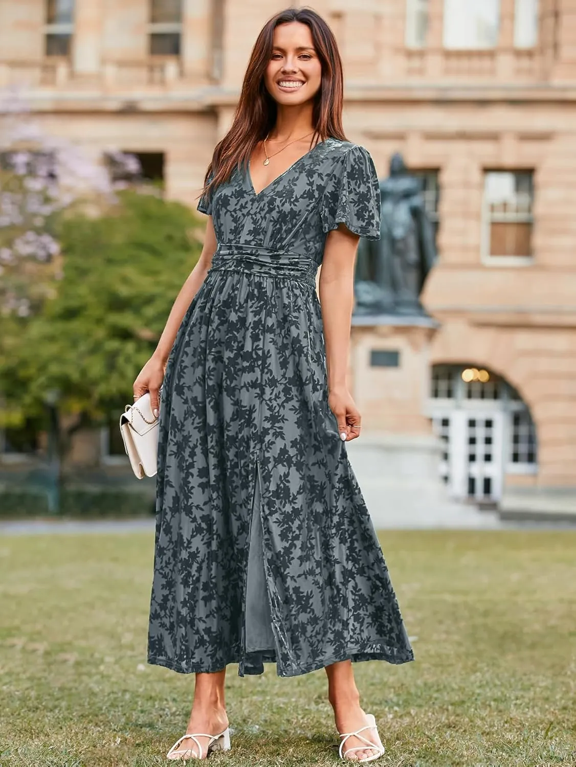 Simplee Women's Velvet Maxi Dress V Neck Short Sleeve Empire Waist Semi Formal Long Cocktail Dresses