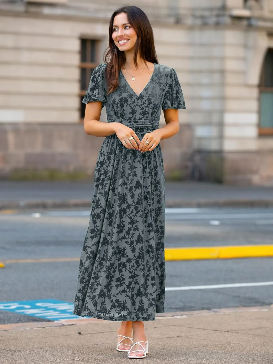 Simplee Women's Velvet Maxi Dress V Neck Short Sleeve Empire Waist Semi Formal Long Cocktail Dresses