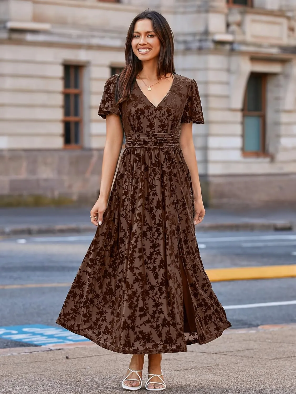 Simplee Women's Velvet Maxi Dress V Neck Short Sleeve Empire Waist Semi Formal Long Cocktail Dresses
