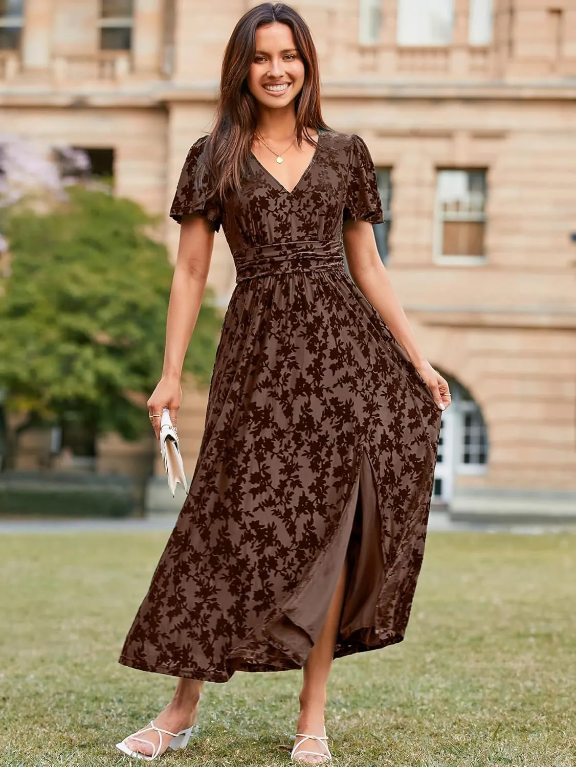 Simplee Women's Velvet Maxi Dress V Neck Short Sleeve Empire Waist Semi Formal Long Cocktail Dresses