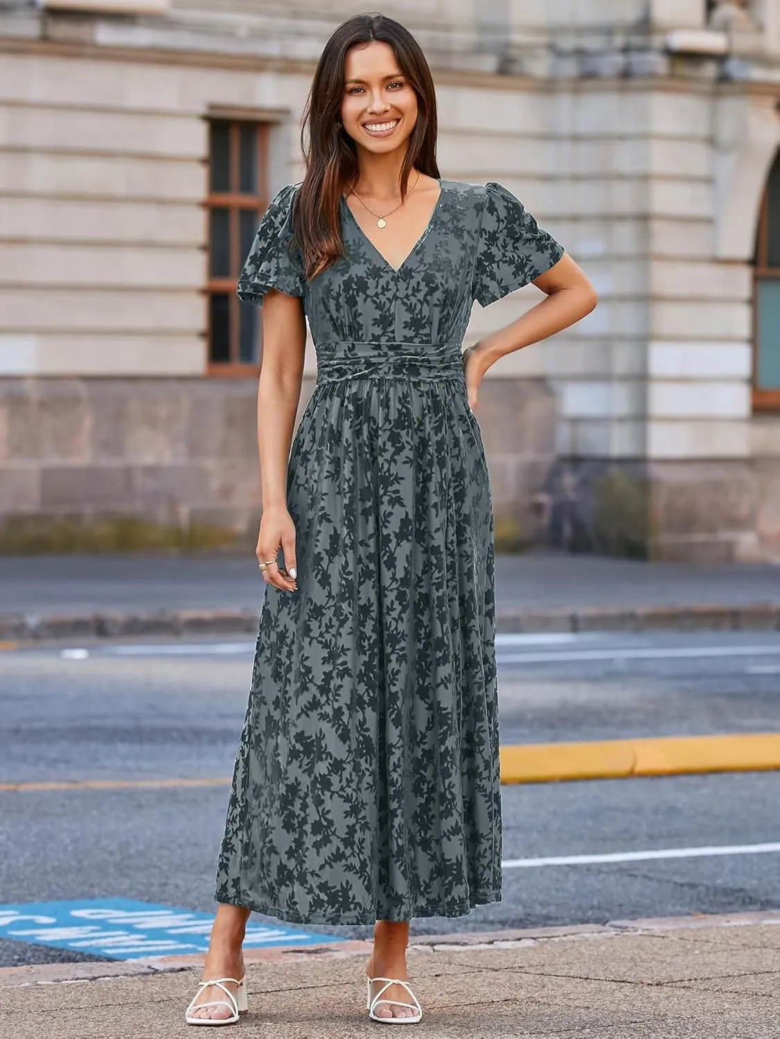 Simplee Women's Velvet Maxi Dress V Neck Short Sleeve Empire Waist Semi Formal Long Cocktail Dresses