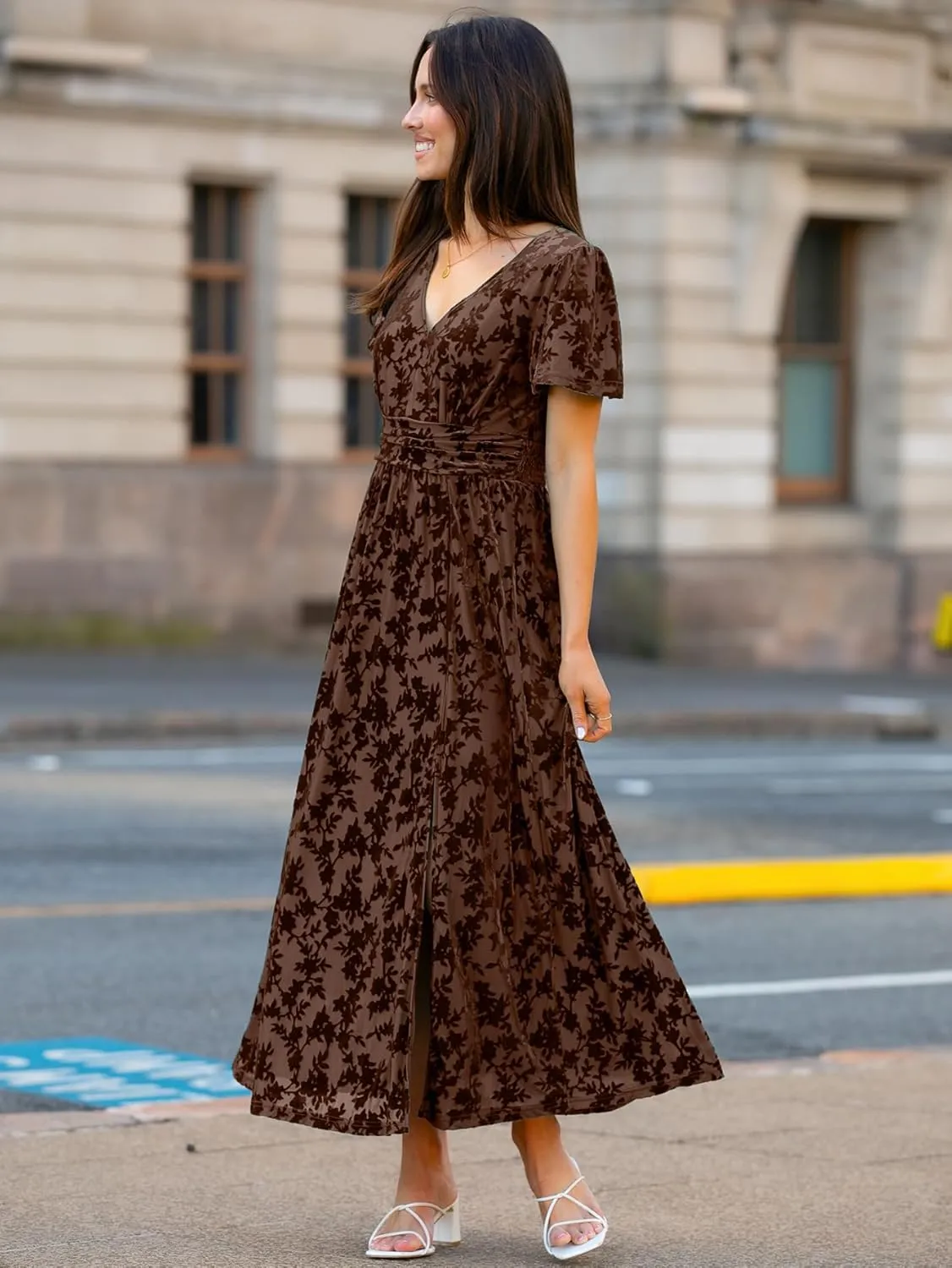 Simplee Women's Velvet Maxi Dress V Neck Short Sleeve Empire Waist Semi Formal Long Cocktail Dresses