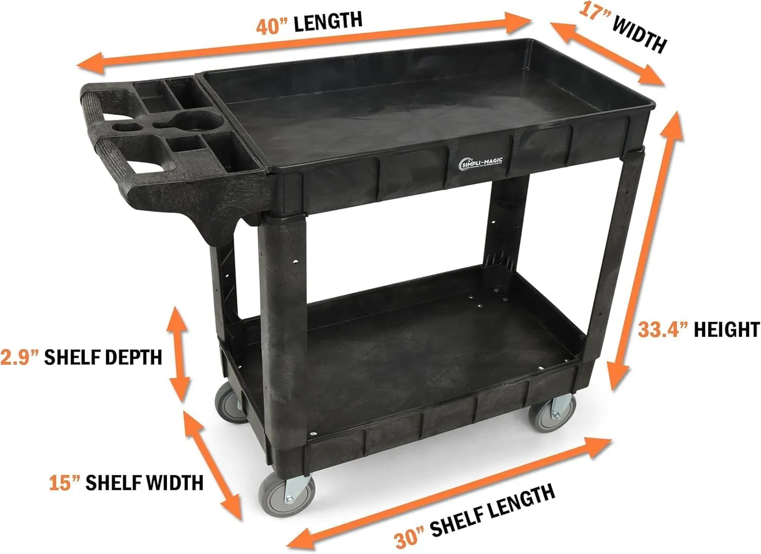 Simpli-Magic Rolling Utility Cart on Wheels, Heavy Duty with Ergonomic Handle, Deep Shelfs for Garage, Warehouse, Workshop, 600-Pound Capacity 40x33x17-Inch