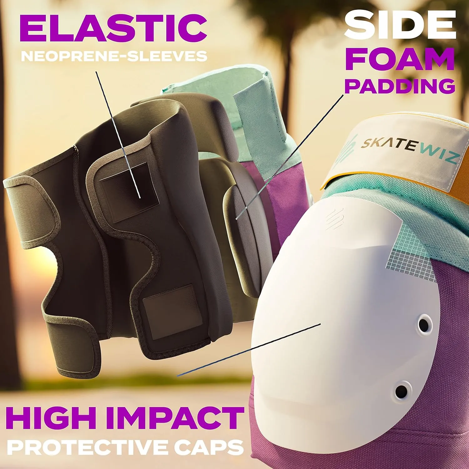SKATEWIZ Knee and Elbow Pads Adult - Skating Protective Gear Adult Knee and Elbow Pads Set with Wrist Pads - Shield - Size M/L Lavender Blue - Roller Skate Protective Gear for Women & Men