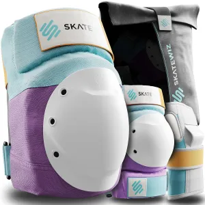 SKATEWIZ Knee and Elbow Pads Adult - Skating Protective Gear Adult Knee and Elbow Pads Set with Wrist Pads - Shield - Size M/L Lavender Blue - Roller Skate Protective Gear for Women & Men
