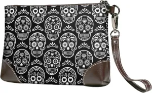 Small Clutch Purses for Women - Exotic Black White Line Skull Leather Wristlet Wallets for Women with Wrist Strap