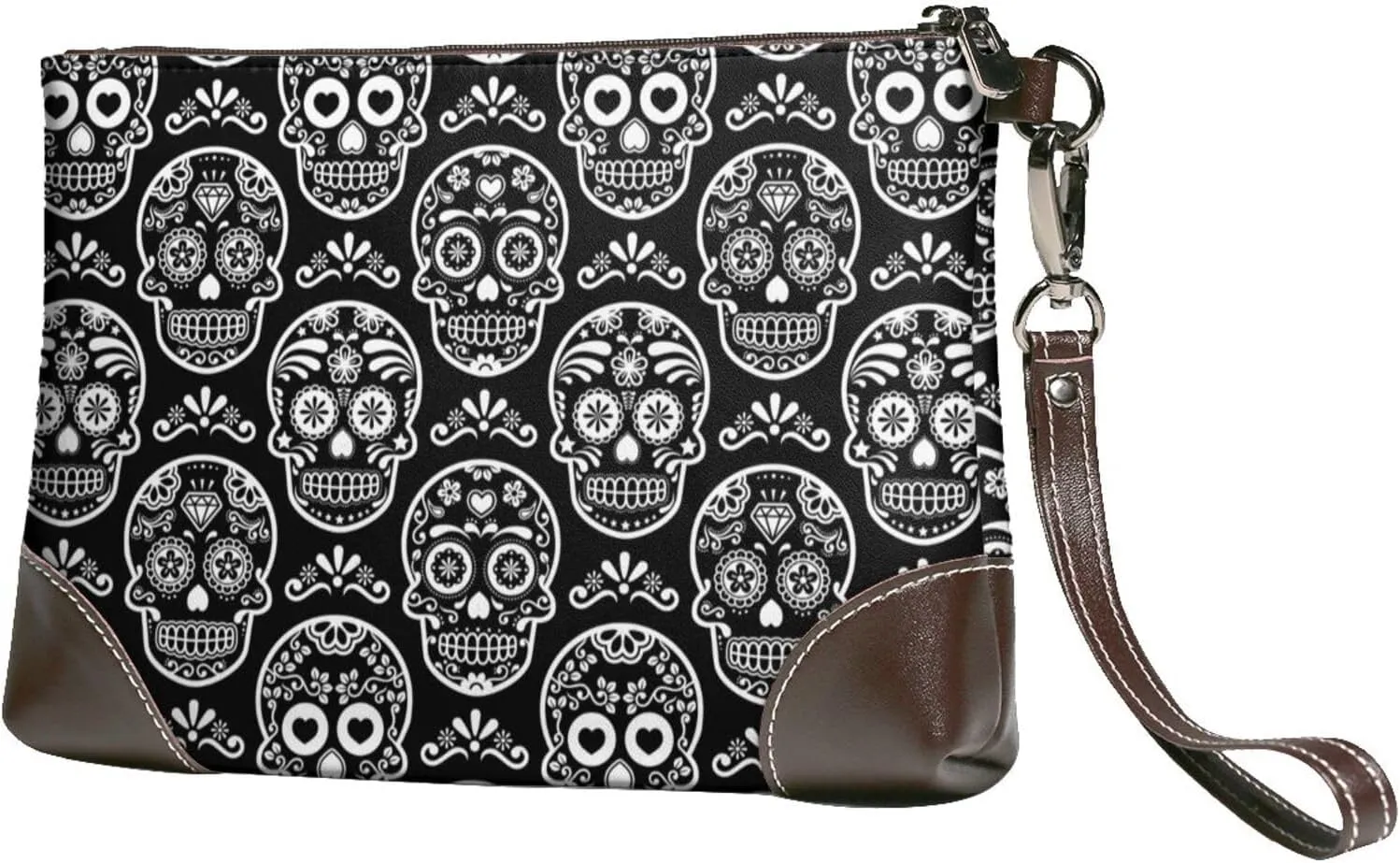 Small Clutch Purses for Women - Exotic Black White Line Skull Leather Wristlet Wallets for Women with Wrist Strap