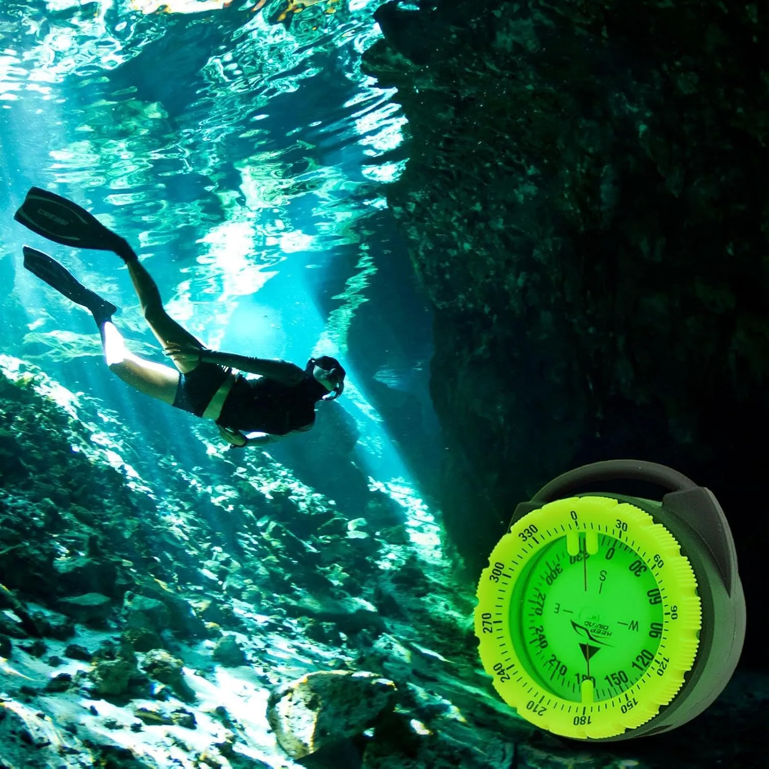 Small Compass - Magnetic Diving Compass, Compass Hose Mount | Small Pipe Clamp Diving Compass, 50m Magnetic Lightweight Glowing Compass with Side Window for Water Sports, Camping, Hiking, Kayak