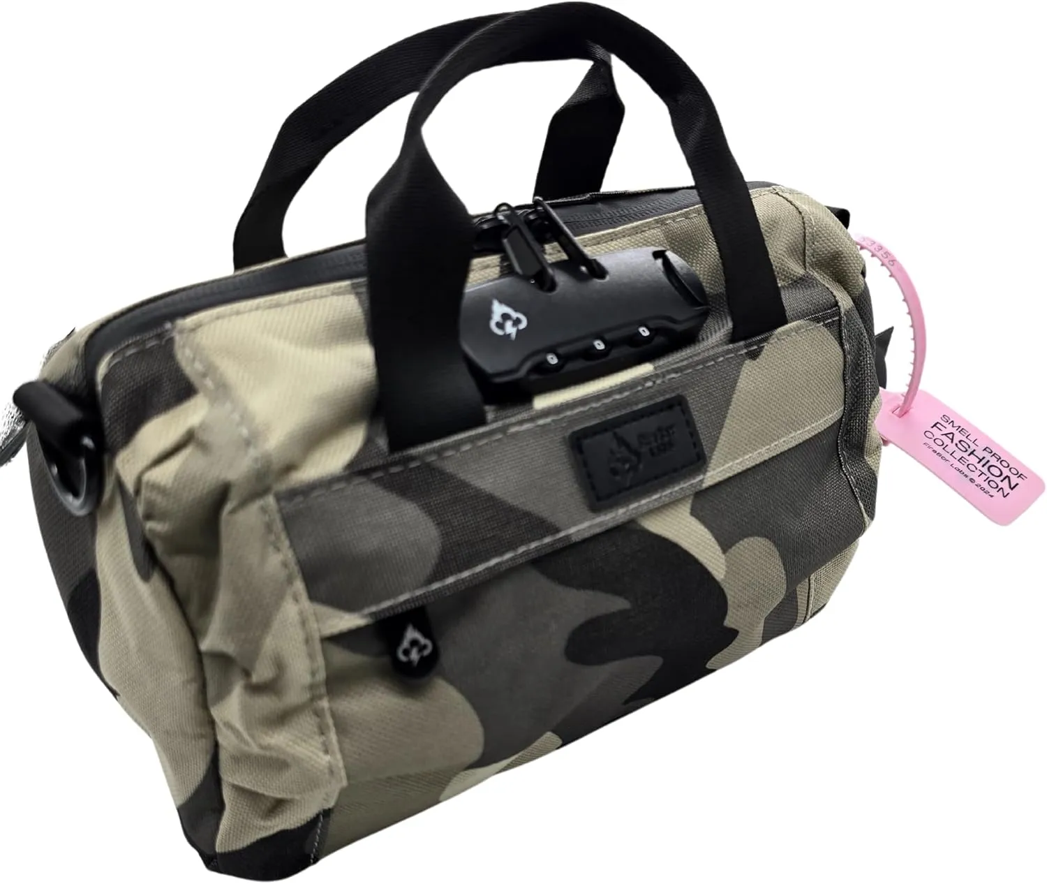 Smell Proof Duffle Bag with Anti Theft Combo Lock, Removable Shoulder Strap, Water Resistant, Ultra Durable Double Gasket Zippers   Premium Hardware (Grey Camo, 9-Inch (9" x 5" x 4"))