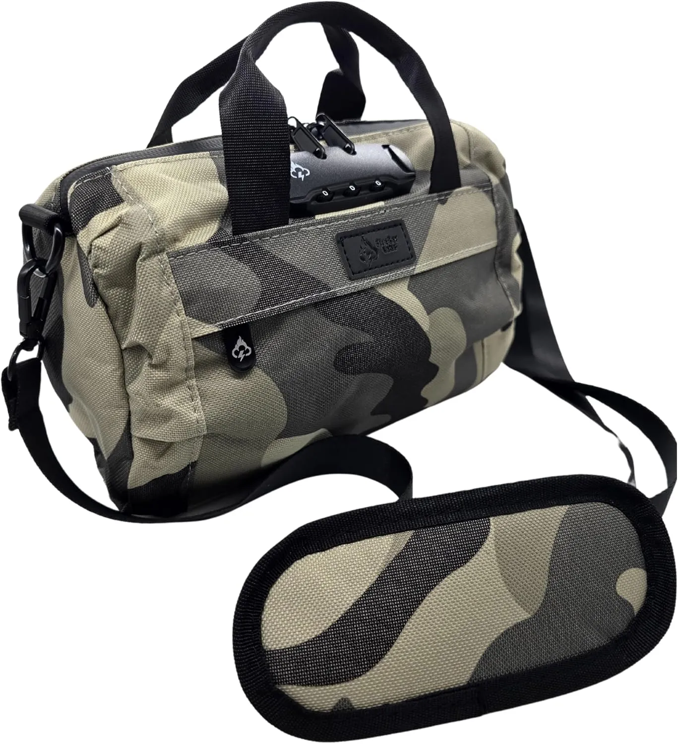 Smell Proof Duffle Bag with Anti Theft Combo Lock, Removable Shoulder Strap, Water Resistant, Ultra Durable Double Gasket Zippers   Premium Hardware (Grey Camo, 9-Inch (9" x 5" x 4"))