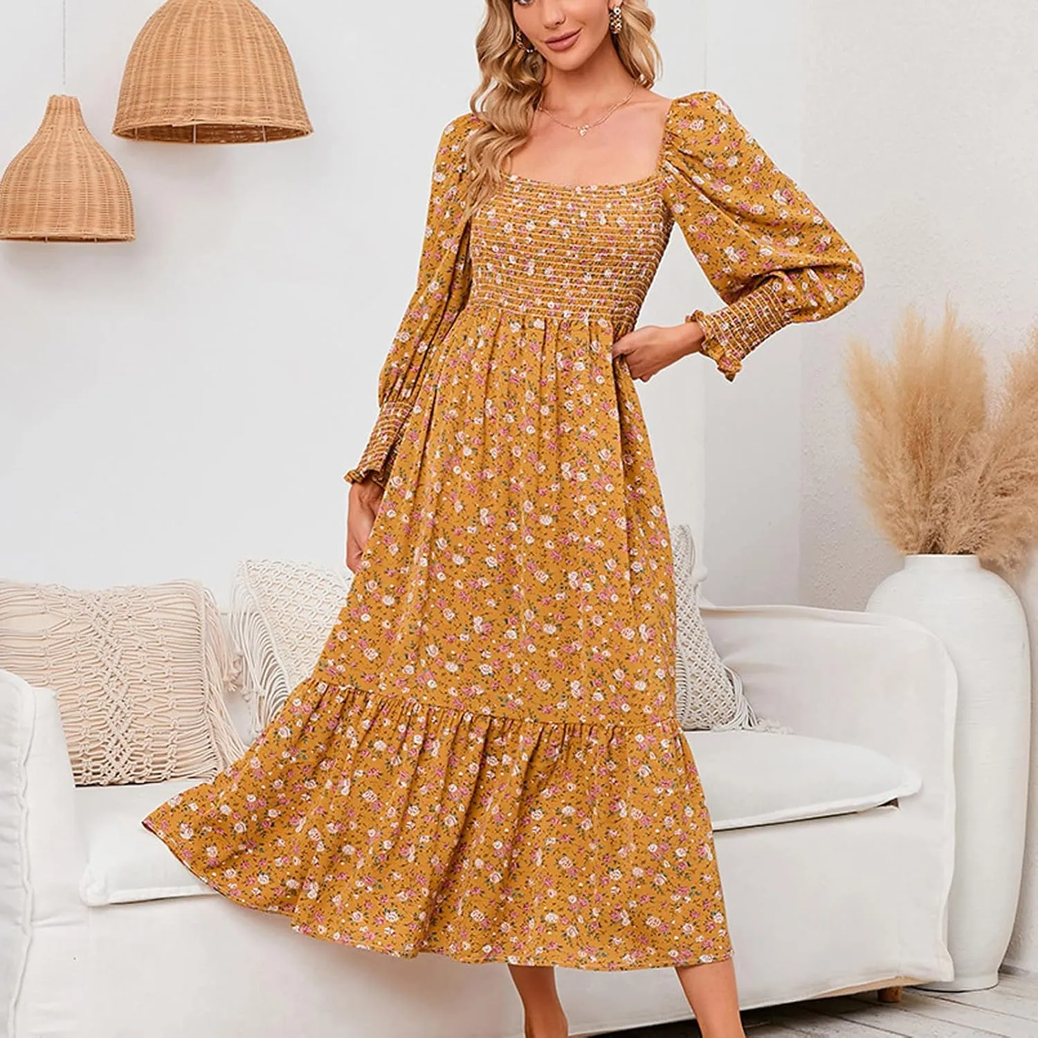 SMIDOW Bohemian Dress for Women Summer 2023 Long Sleeve Square Neck Maxi Dress Smocked Ruffle Flowy Chiffon Beach Sundress