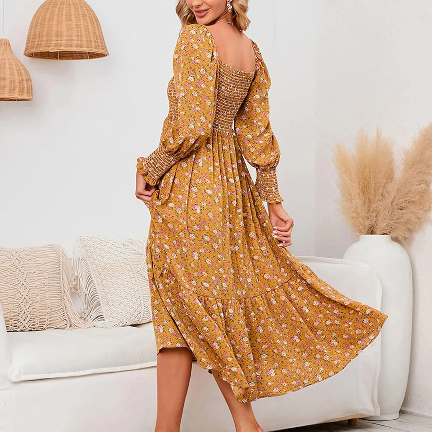SMIDOW Bohemian Dress for Women Summer 2023 Long Sleeve Square Neck Maxi Dress Smocked Ruffle Flowy Chiffon Beach Sundress