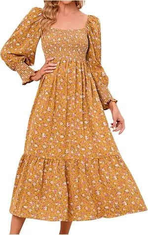 SMIDOW Bohemian Dress for Women Summer 2023 Long Sleeve Square Neck Maxi Dress Smocked Ruffle Flowy Chiffon Beach Sundress