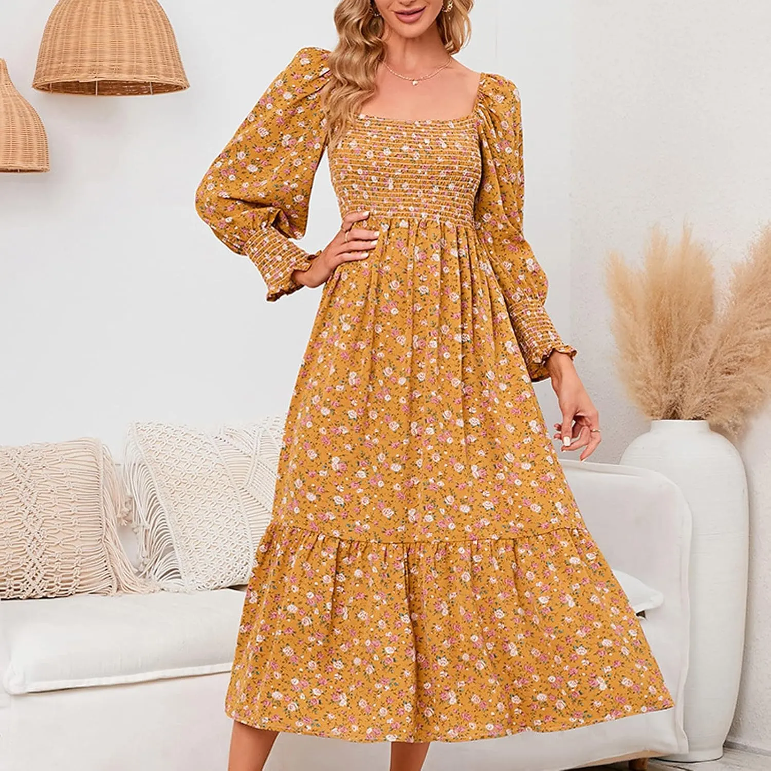 SMIDOW Bohemian Dress for Women Summer 2023 Long Sleeve Square Neck Maxi Dress Smocked Ruffle Flowy Chiffon Beach Sundress