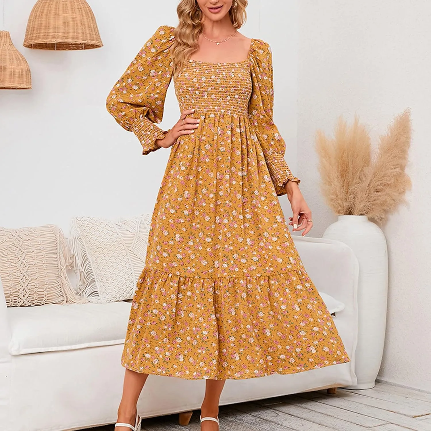 SMIDOW Bohemian Dress for Women Summer 2023 Long Sleeve Square Neck Maxi Dress Smocked Ruffle Flowy Chiffon Beach Sundress