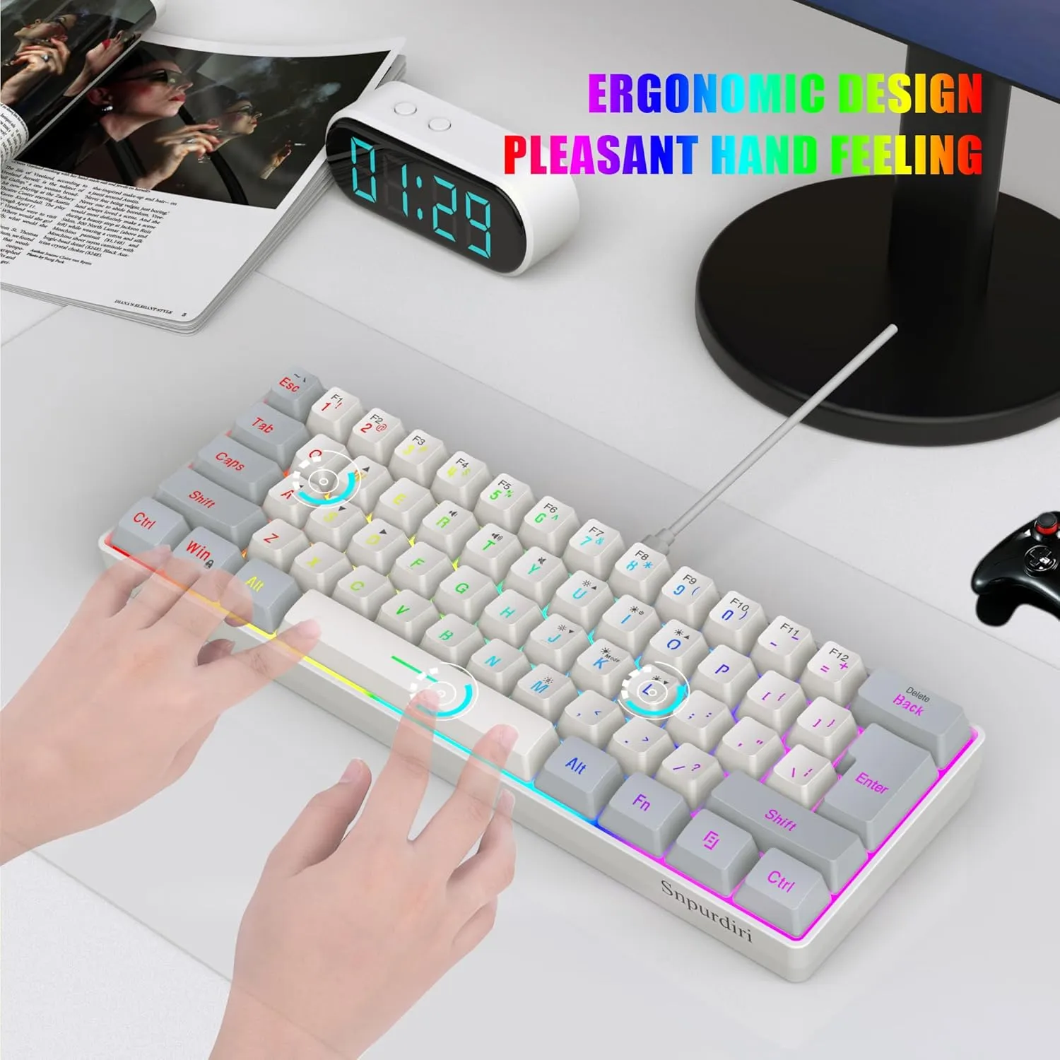 Snpurdiri 60% Wired Gaming Keyboard, 61 Keys RGB Backlit Small Gaming Keyboard for PC/Mac Gamer, Typist, Travel, Easy to Carry on Business Trip(Grey-White)