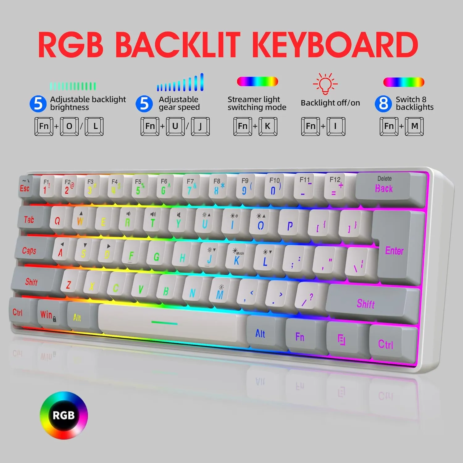 Snpurdiri 60% Wired Gaming Keyboard, 61 Keys RGB Backlit Small Gaming Keyboard for PC/Mac Gamer, Typist, Travel, Easy to Carry on Business Trip(Grey-White)