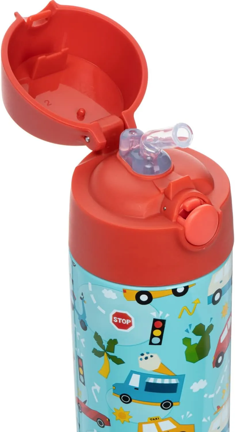 Snug Kids Water Bottle - insulated stainless steel thermos with straw (Girls/Boys) - Cars, 12oz