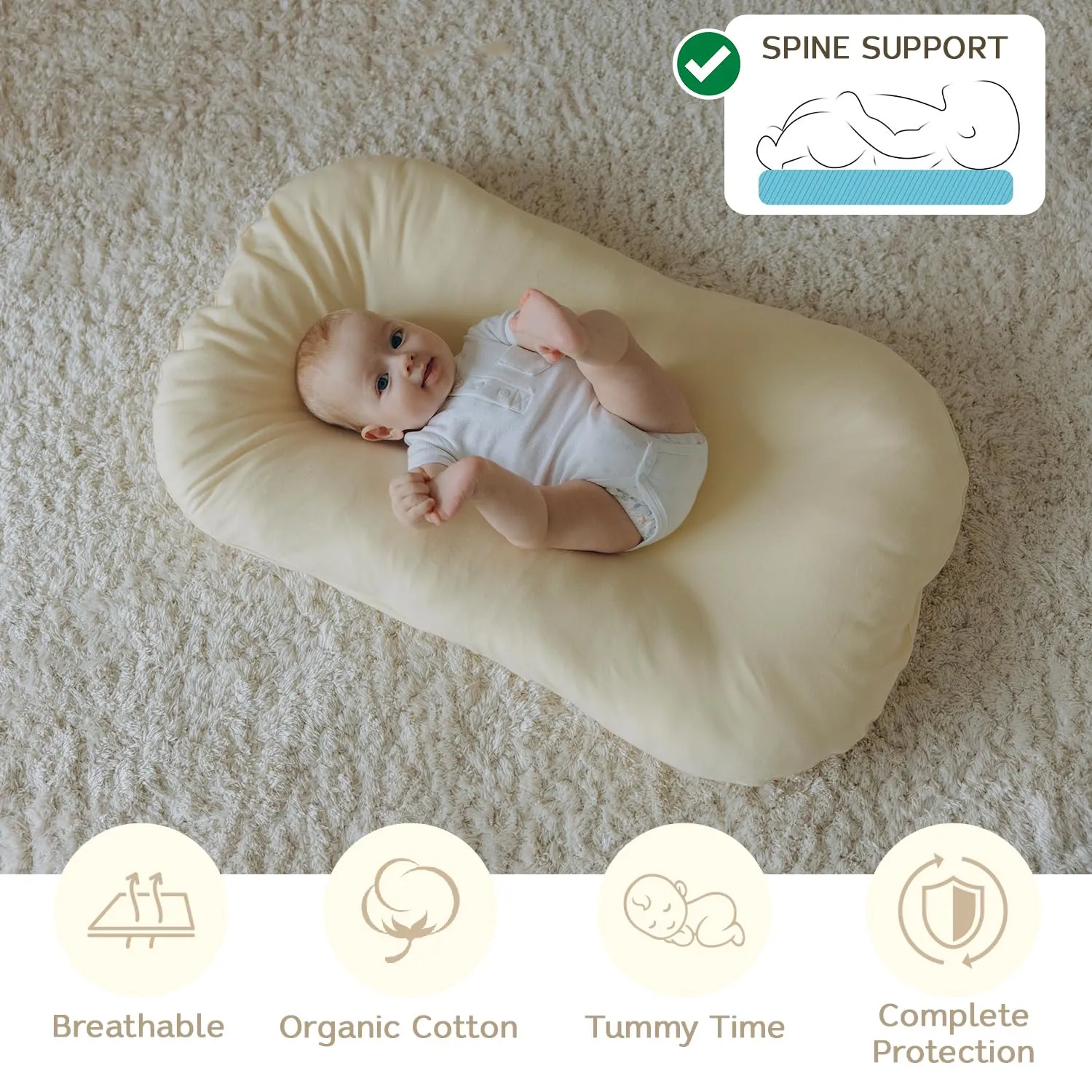 Snuggle Style Baby Nest, Baby Lounger, Organic Cotton Lounger for Baby, Breathable Portable Secure - Snuggle Collection (Cream)