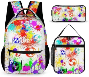 Soccer Backpack with Lunch Box & Pencil Case, 16 Inch Cool Soccer Themed Bookbag, Adjustable Lightweight Large Capacity, Colorful Soccer Backpack Set for Kids Girls Boys School