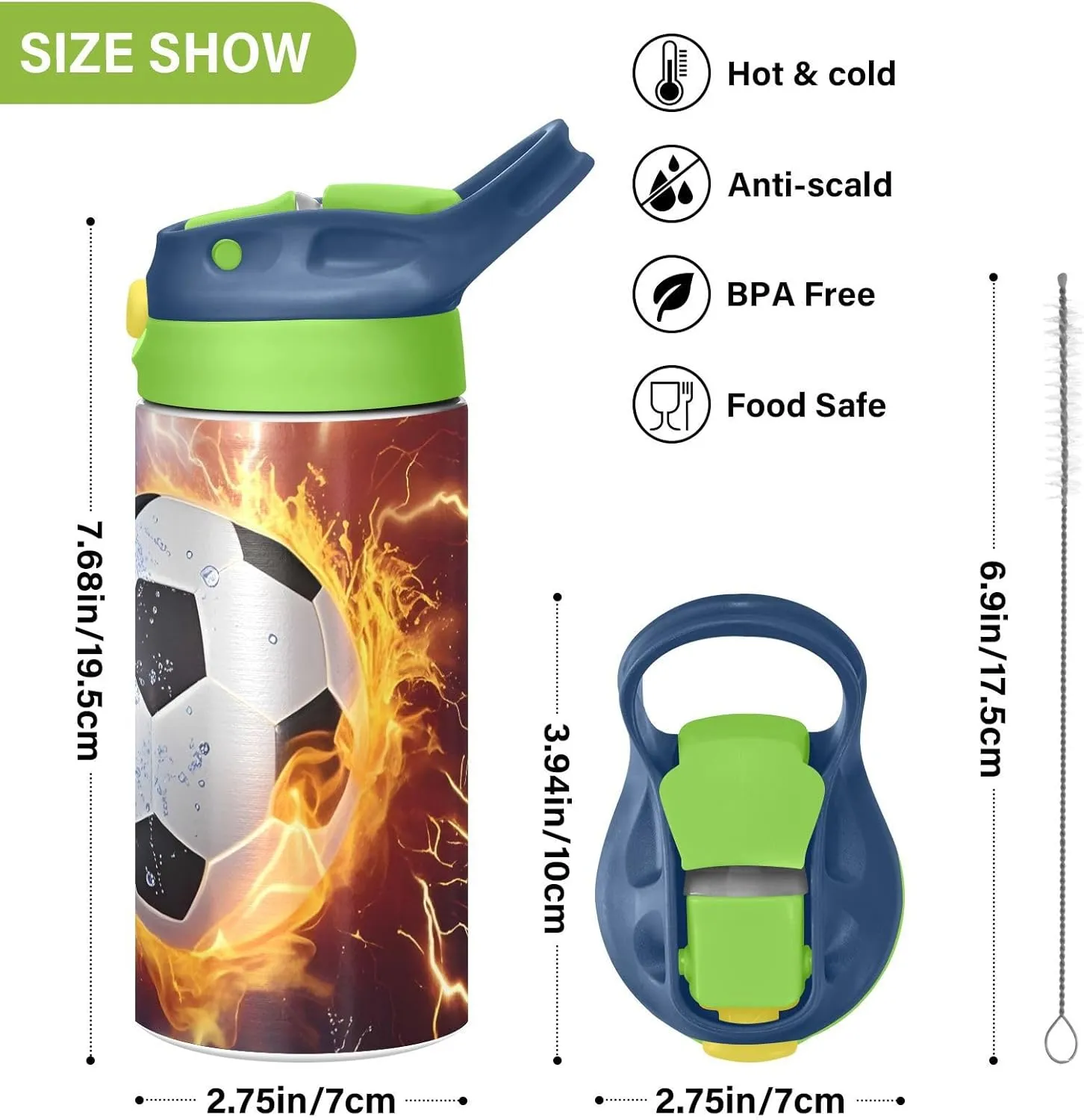 Soccer Fire Electric Spark Kids Water Bottle with Straw Lid Insulated Tumbler with Handle Stainless Steel Reusable Toddlers Cup for Kids Boys 12 oz