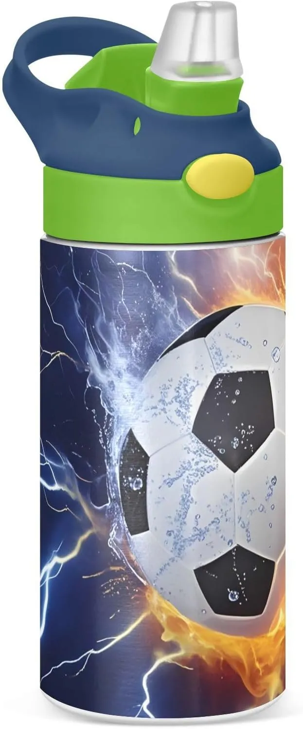 Soccer Fire Electric Spark Kids Water Bottle with Straw Lid Insulated Tumbler with Handle Stainless Steel Reusable Toddlers Cup for Kids Boys 12 oz