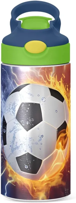 Soccer Fire Electric Spark Kids Water Bottle with Straw Lid Insulated Tumbler with Handle Stainless Steel Reusable Toddlers Cup for Kids Boys 12 oz