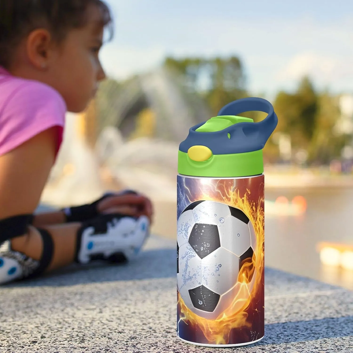 Soccer Fire Electric Spark Kids Water Bottle with Straw Lid Insulated Tumbler with Handle Stainless Steel Reusable Toddlers Cup for Kids Boys 12 oz