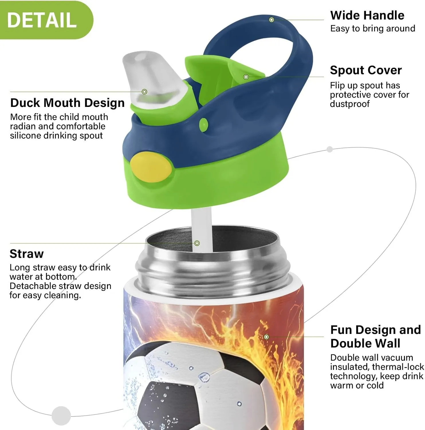 Soccer Fire Electric Spark Kids Water Bottle with Straw Lid Insulated Tumbler with Handle Stainless Steel Reusable Toddlers Cup for Kids Boys 12 oz