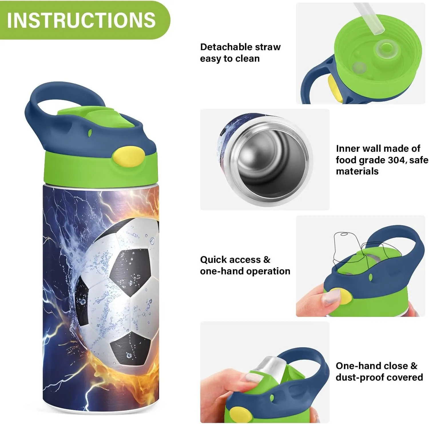 Soccer Fire Electric Spark Kids Water Bottle with Straw Lid Insulated Tumbler with Handle Stainless Steel Reusable Toddlers Cup for Kids Boys 12 oz