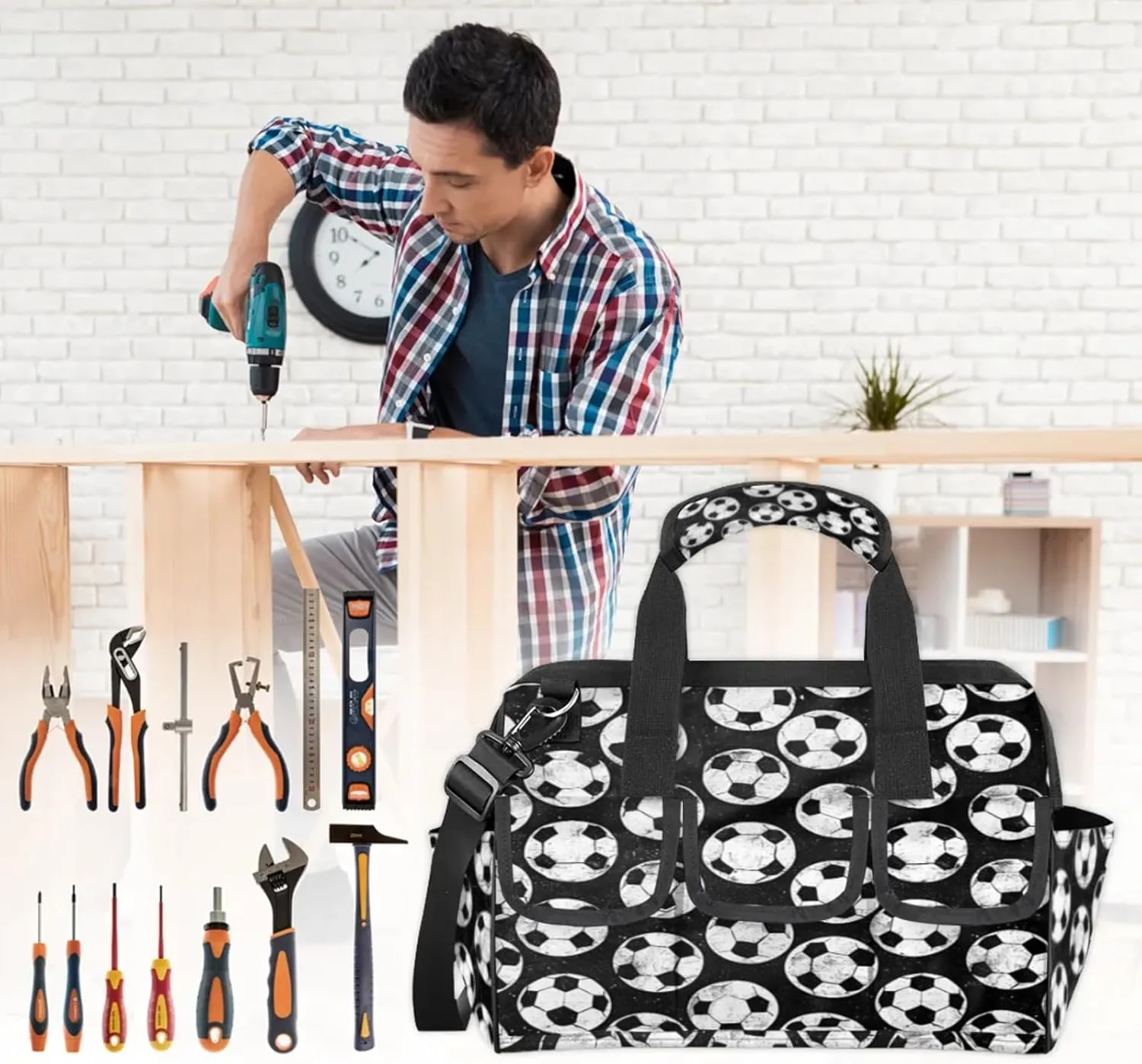 Soccer Heavy Duty Tool Bags for Men and Women 14.8 Inch, Soft Wide Mouth Tool Tote Organizer Bag with Adjustable Shoulder Strap