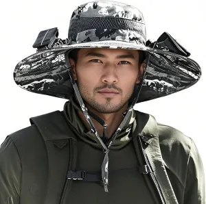 Solar Powered Fan Hat for Men, Fishing Hat with Built in Fan, Outdoor Wide Brim Sun Hats, UPF 50  for Outdoor Camping Fishing