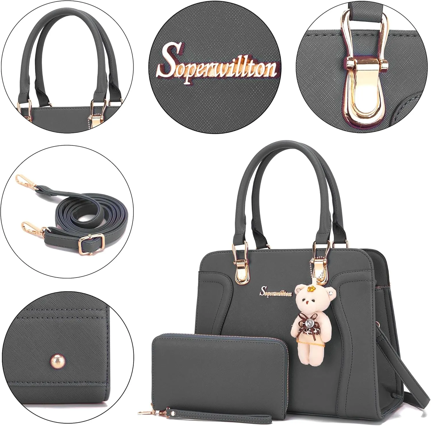 Soperwillton Purses for Women Crossbody Shoulder Handbags Top Handle Satchel Tote Bag Wallet Set 3pcs