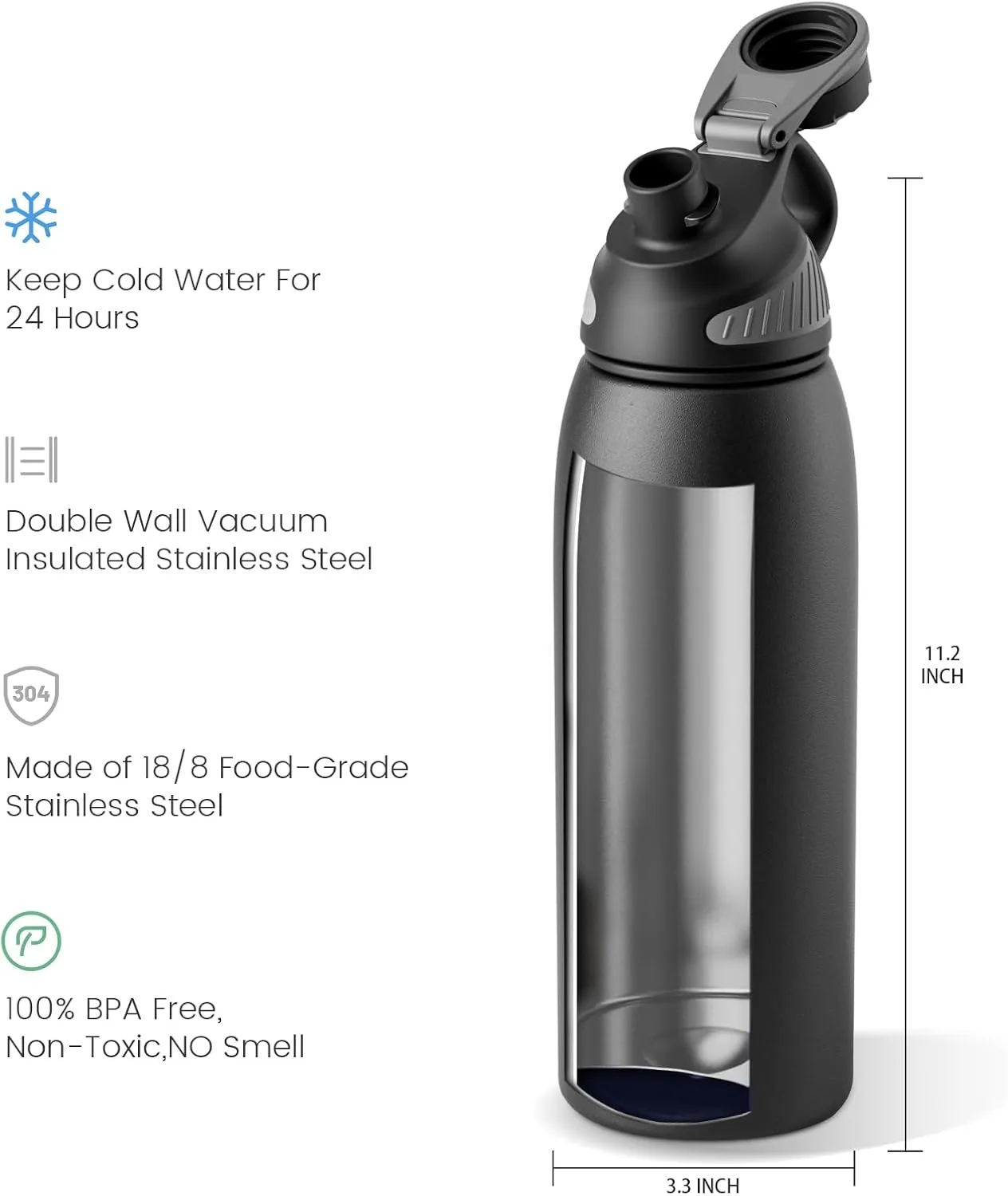 Stainless Steel Insulated Sports Water Bottle 32oz, BPA-Free, Double-Wall Vacuum Insulation, Magnetic Cap, No Straw - Ideal Thermos for School, Fitness, and Outdoor Activities, Black Grey