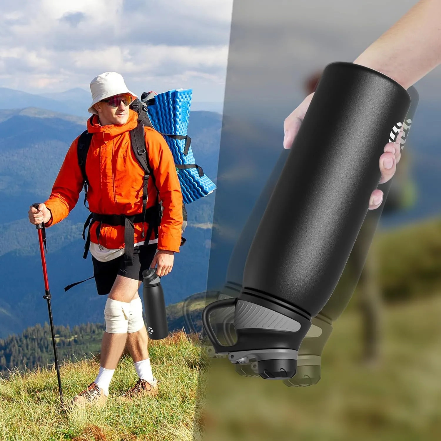 Stainless Steel Insulated Sports Water Bottle 32oz, BPA-Free, Double-Wall Vacuum Insulation, Magnetic Cap, No Straw - Ideal Thermos for School, Fitness, and Outdoor Activities, Black Grey