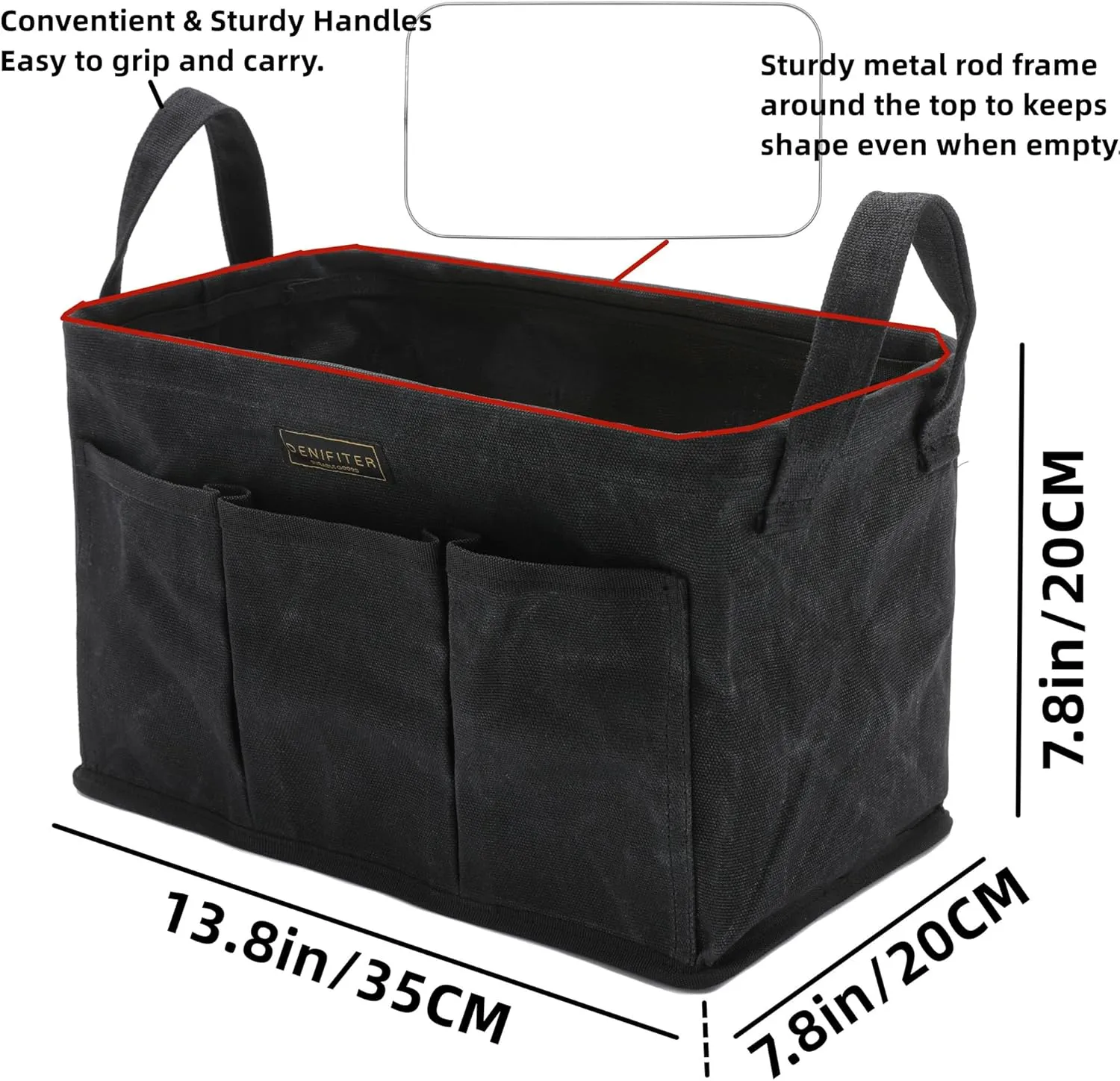 Storage Tool Case, 13.8 x 7.8 x 7.8 Inches, Rectangular Waxed Canvas Fabric Collapsible Tool Bag with Handles for Tools,Wrench Set,Screwdrivers (Black)