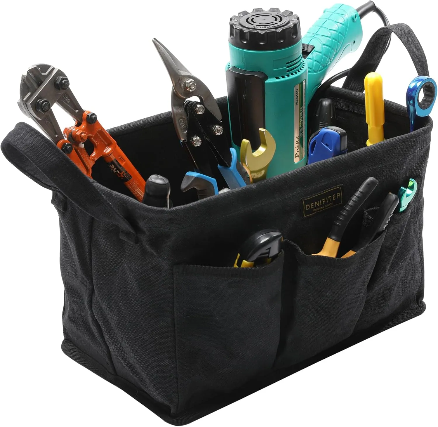 Storage Tool Case, 13.8 x 7.8 x 7.8 Inches, Rectangular Waxed Canvas Fabric Collapsible Tool Bag with Handles for Tools,Wrench Set,Screwdrivers (Black)
