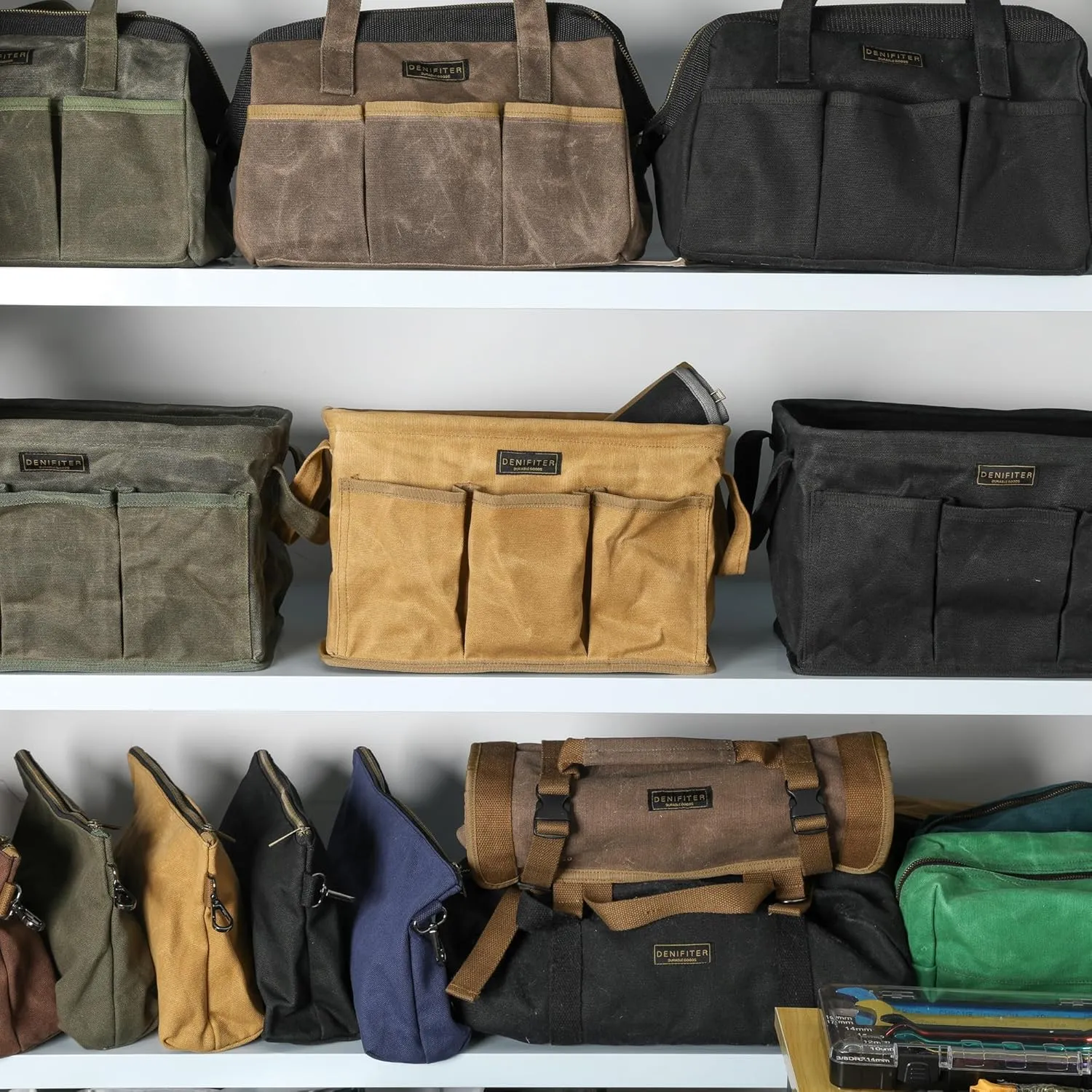 Storage Tool Case, 13.8 x 7.8 x 7.8 Inches, Rectangular Waxed Canvas Fabric Collapsible Tool Bag with Handles for Tools,Wrench Set,Screwdrivers (Black)